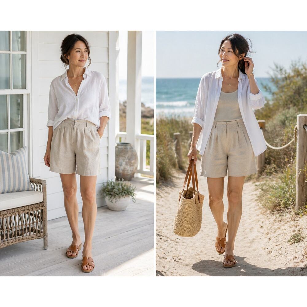 Vintage Ann Tjian for Kenar 100% Linen Pleated Bermuda Shorts Tan Size 6 Coastal
